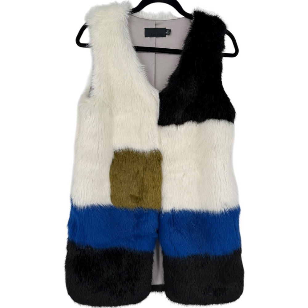 Line & Dot Women's ColorBlock Faux Fur Long Vest Size XS Patchwork Mob Wife Art